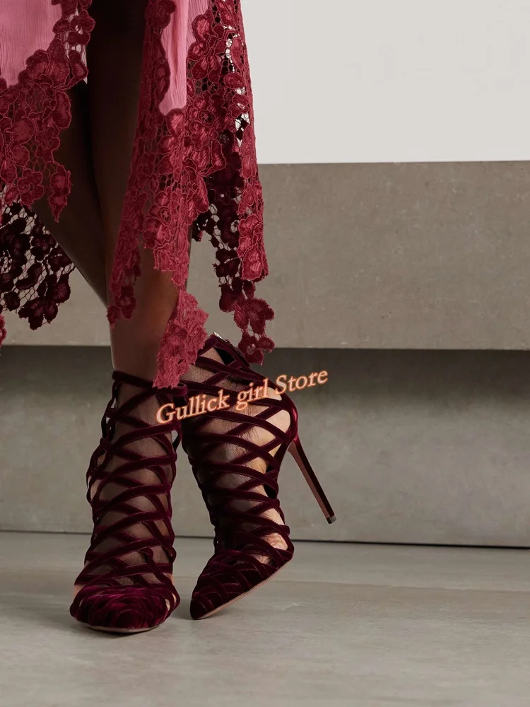 Silk Burgundy Hollow Ankle Booties Sexy Pointed Toe Stiletto Thin High Heel Size Zipper Runway Fashion 2024 Autumn Winter Shoes