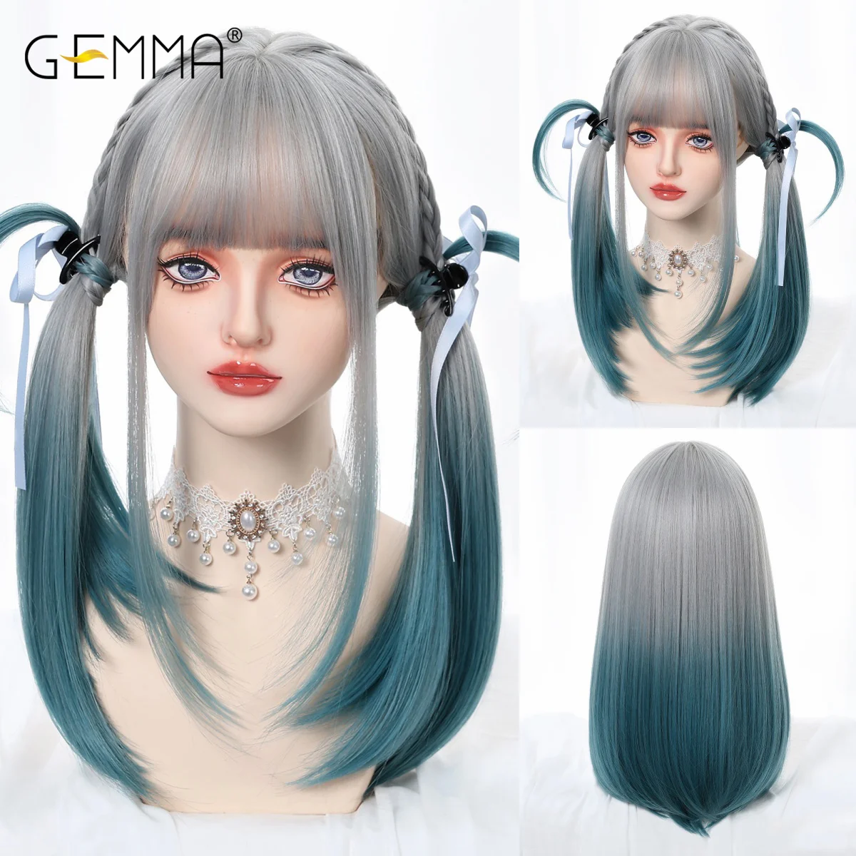 

Gray Blue Ombre Long Straight Synthetic Wigs with Bangs for Women Colorful Cosplay Lolita Wig Natural Fake Hair Heat Resistant