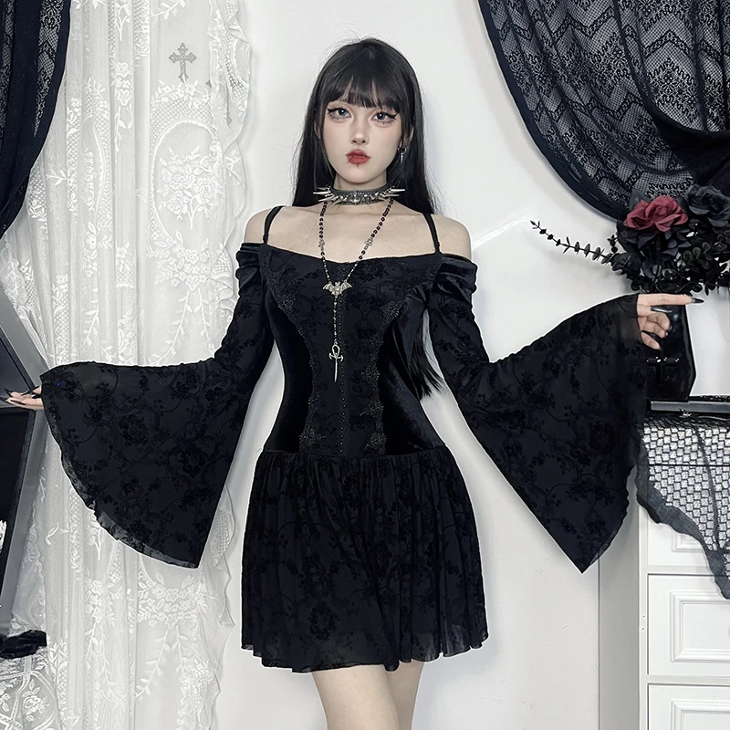 Sexy Goth Black Lace Flocking Off-Shoulder Flared Sleeve Party Dresses Y2K Vintage Velvet Patchwork A-Line Mini Dress Women