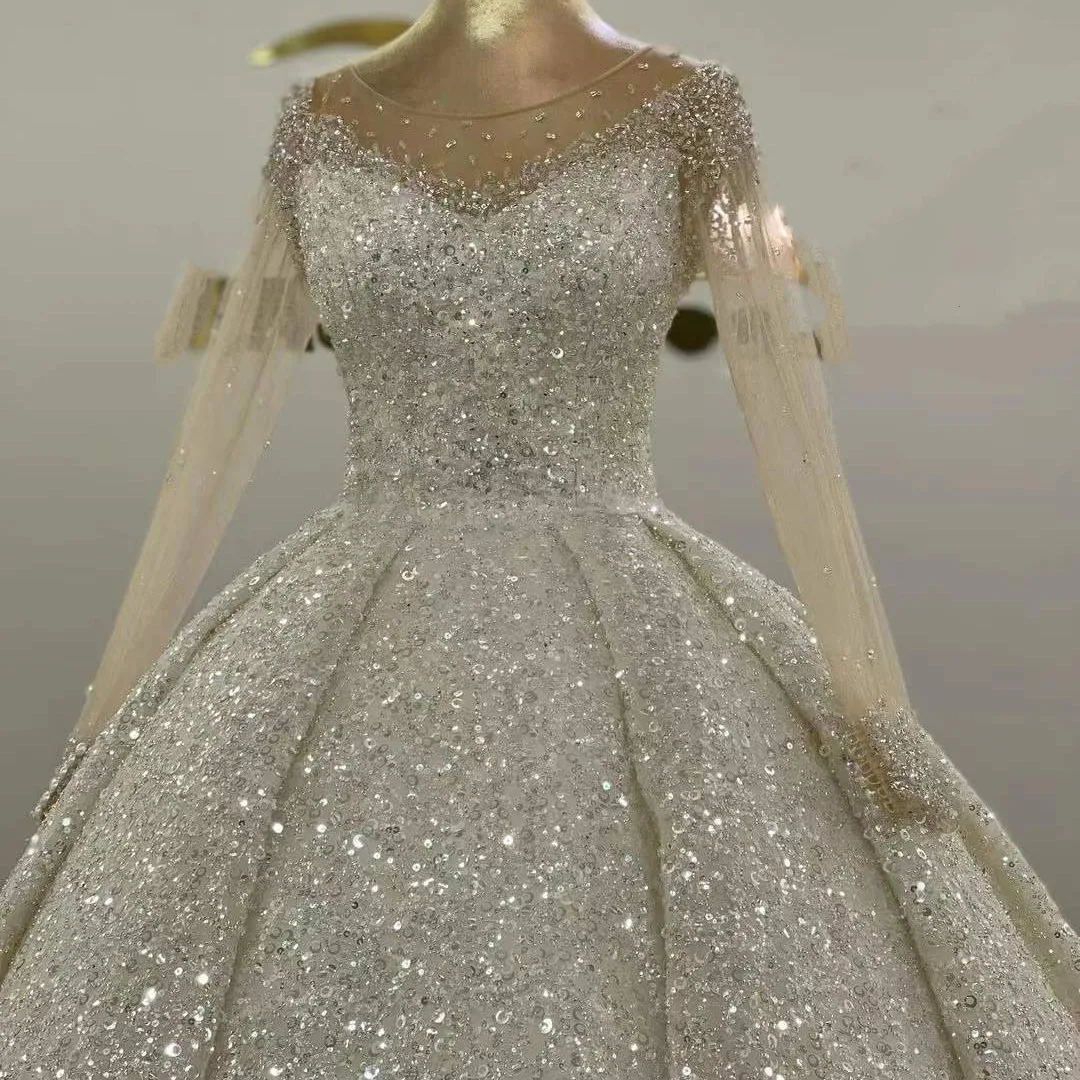 Vestido De novia personalizado con lentejuelas brillantes, cuentas, cuello redondo, manga larga, tren De barrido, vestidos De novia De encaje, vestidos De baile, bata De boda