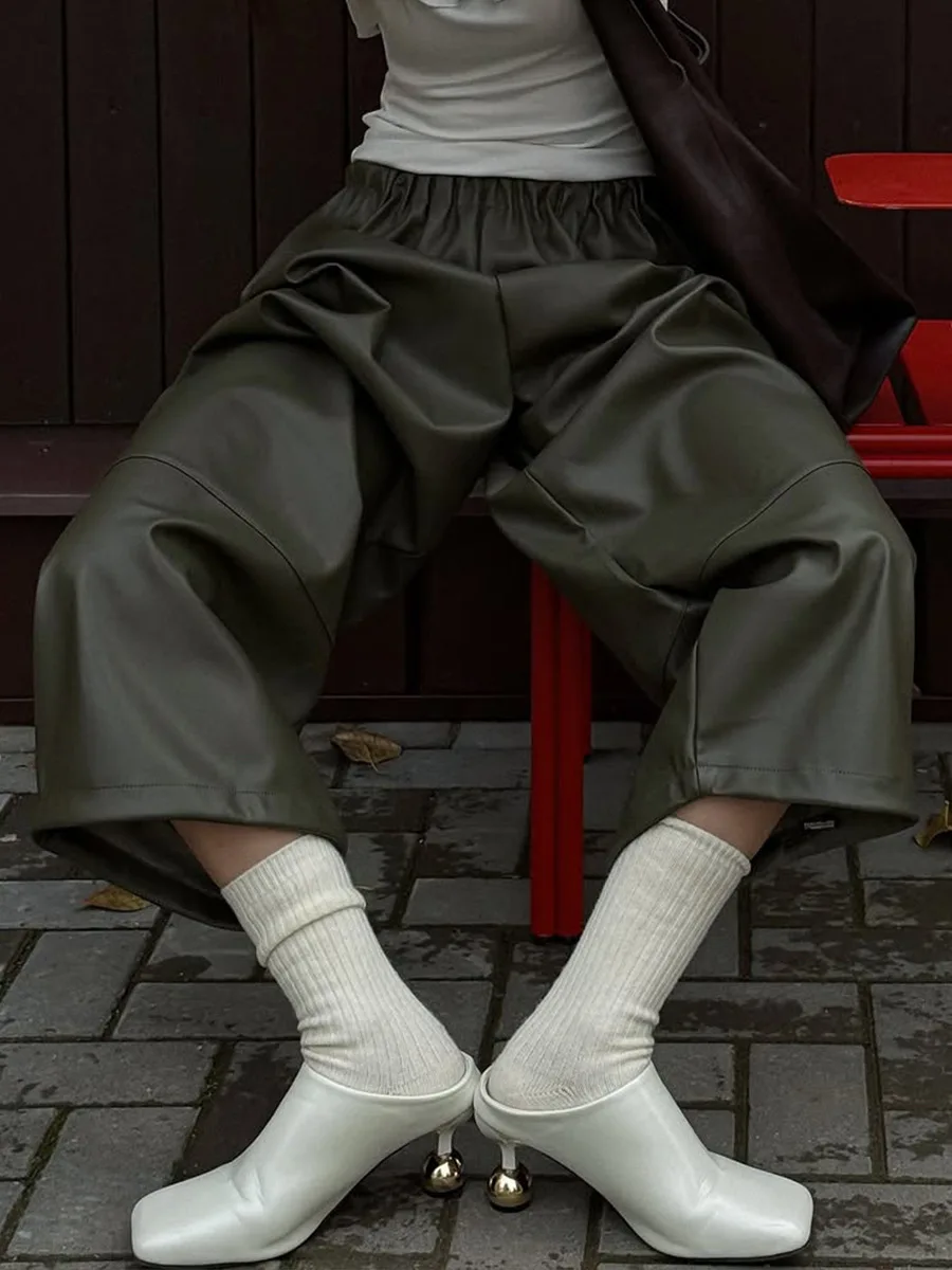 Bornladies feminino 2025 outono inverno pu lanterna calças elegante preguiçoso cordão casual exército verde perna larga calças de couro