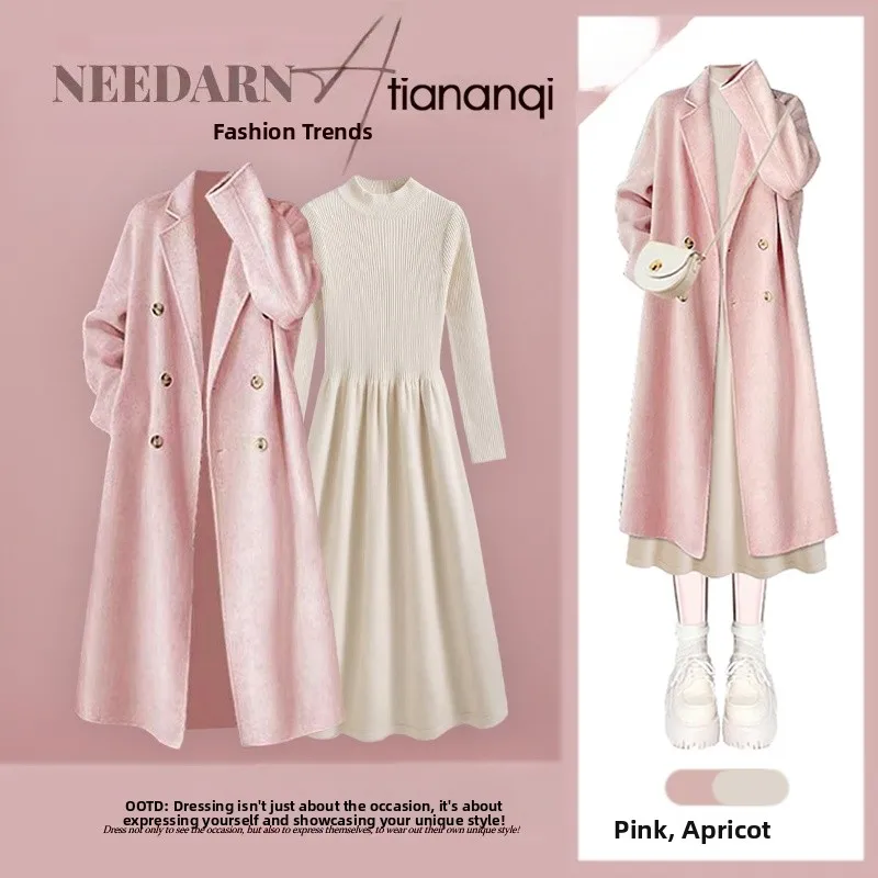 

Winter Korean Sle Women's Pink Midi-Length Jaet And Slimming Dr Two-Piece Set Faionable And Age-Defng