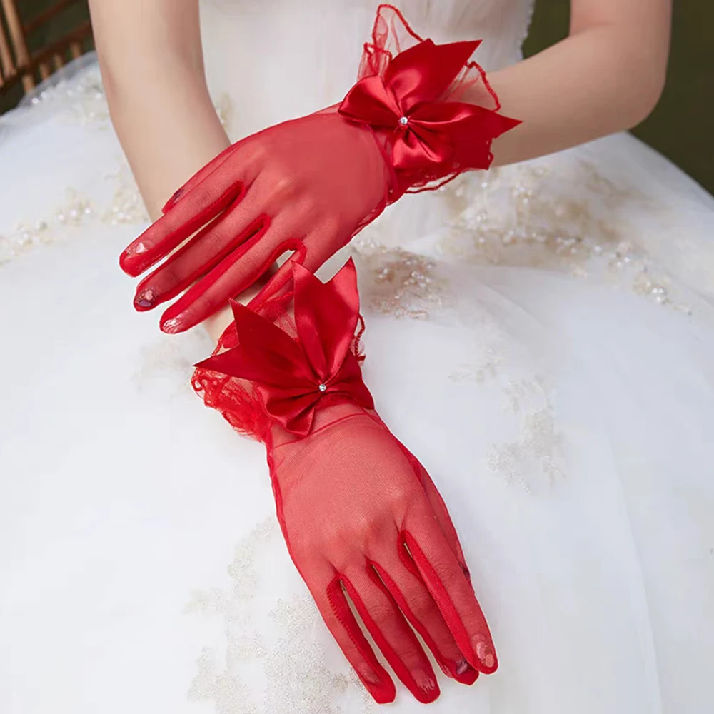 Gants courts de mariage pour mariée, mitaines florales en dentelle avec nœud papillon en maille, protection UV, gants de conduite, vintage, transparents, sexy, fête, isotas