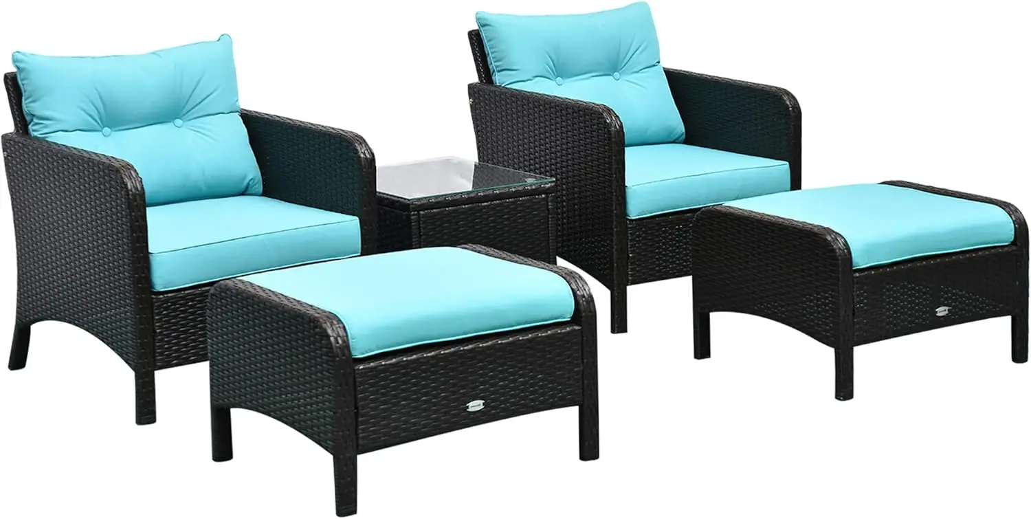 

5 Pieces Rattan Wicker Lounge Chair Outdoor Patio Conversation Set with 2 Cushioned Chairs,2 Ottomans and Tempered Glass Table