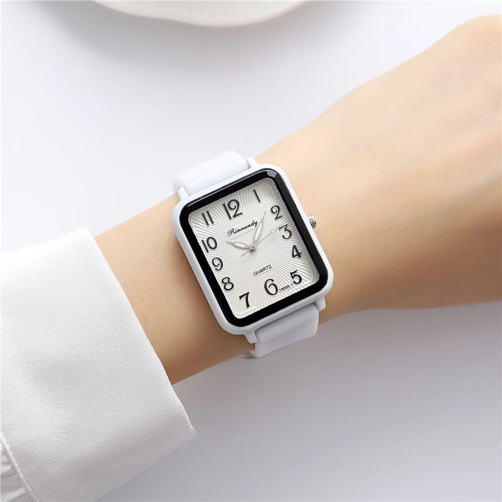 Ladies Sports Simple Rectangular Digital Design Quartz Watch Casual Fashion White Silicone Women's Dress Gift Clock Wristwatch