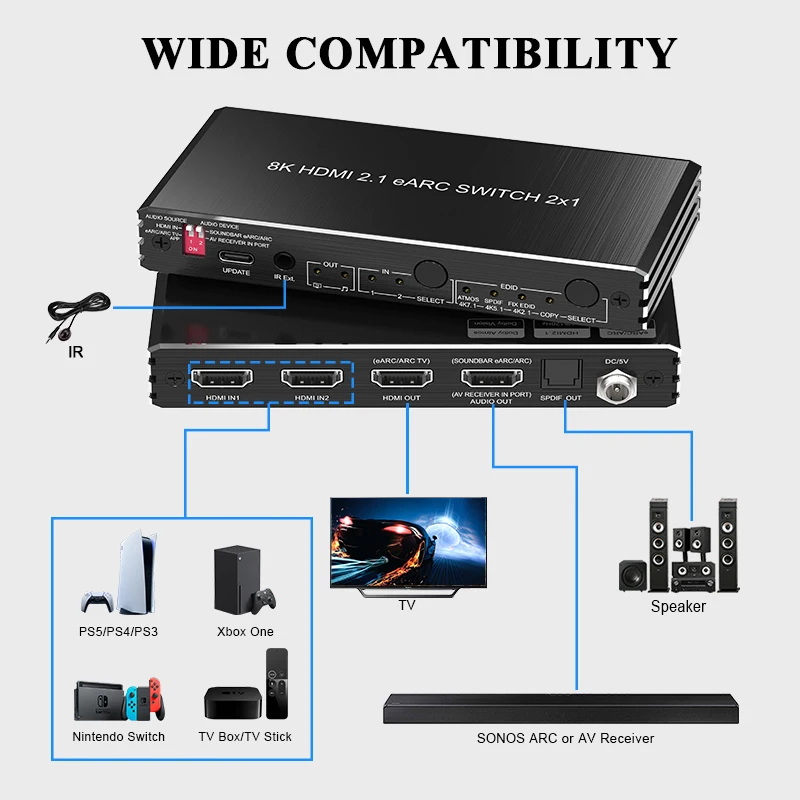 مفتاح hdmi2.1 2x4k @ 1.2 hz ، 8 بت ، vr allm وصلة do-link atmos so-nos arc/earc tv arc/earc