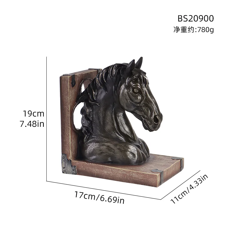 1PC European Retro Horse Head Bookstopper Resin Animal Ornament Suitable for Living Room Study Office Shelf Decor