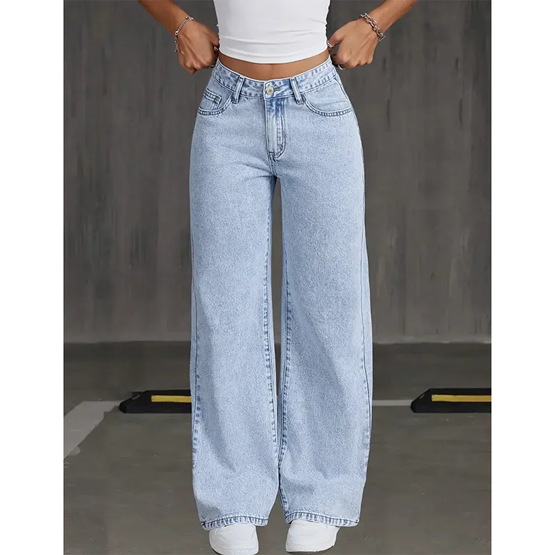 Neue Damenmode: Schlichte Weite Jeans, Hellblaue Lässige Denim-Hosen, Mädchen Loose Fit High Waist Schlaghosen
