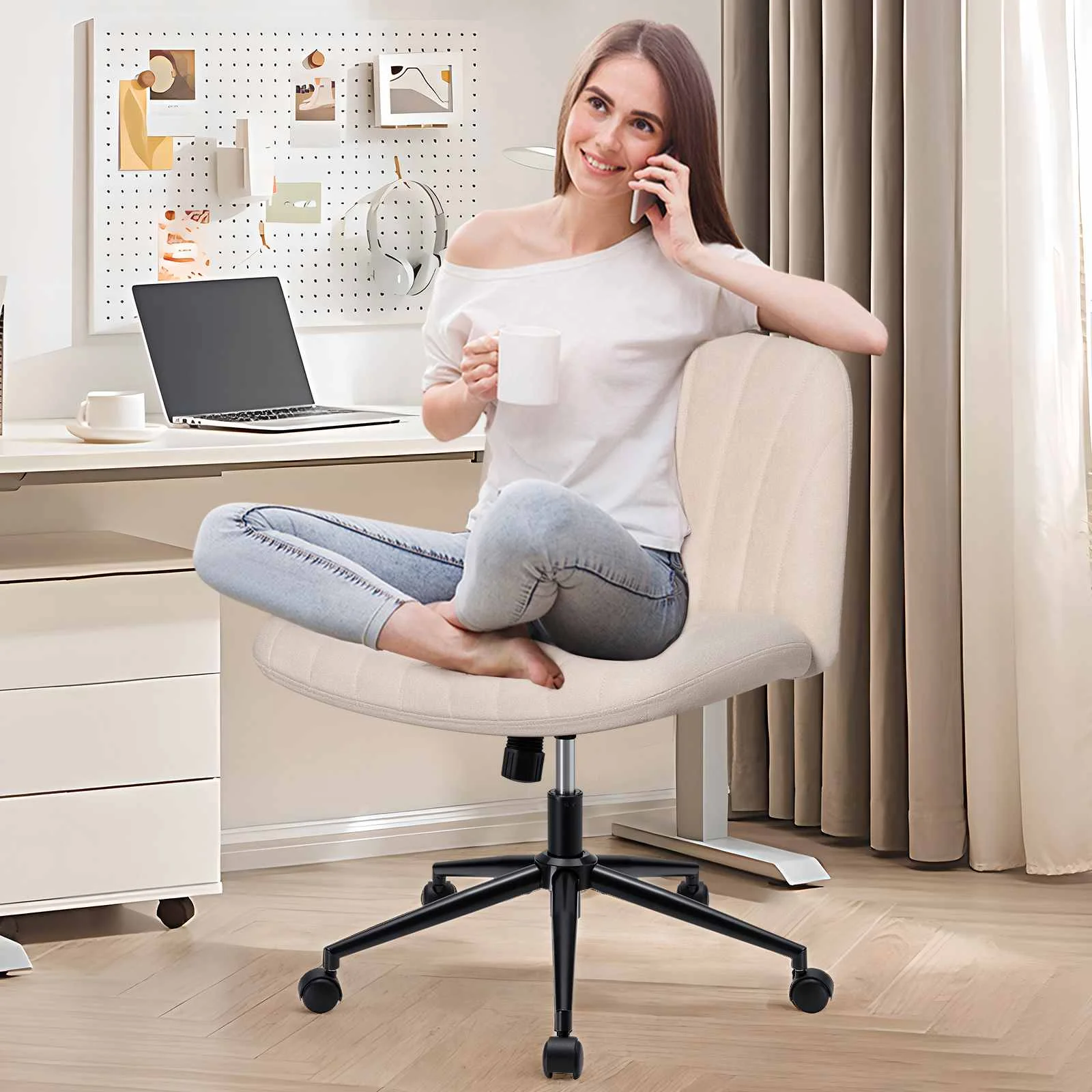 Armless Office Desk Chair Cross Legged Armless Wide Wheels Modern Home Office Desk Swivel Adjustable Linen fabric Chair