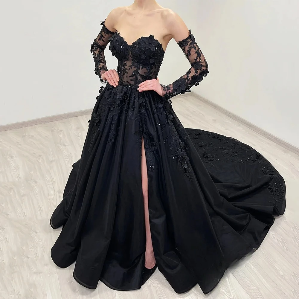 

Elegant Black Wedding Dress Customized Detachable Full Sleeves Flowers Applique Split Court Train Corset Gothic Bridal Gown