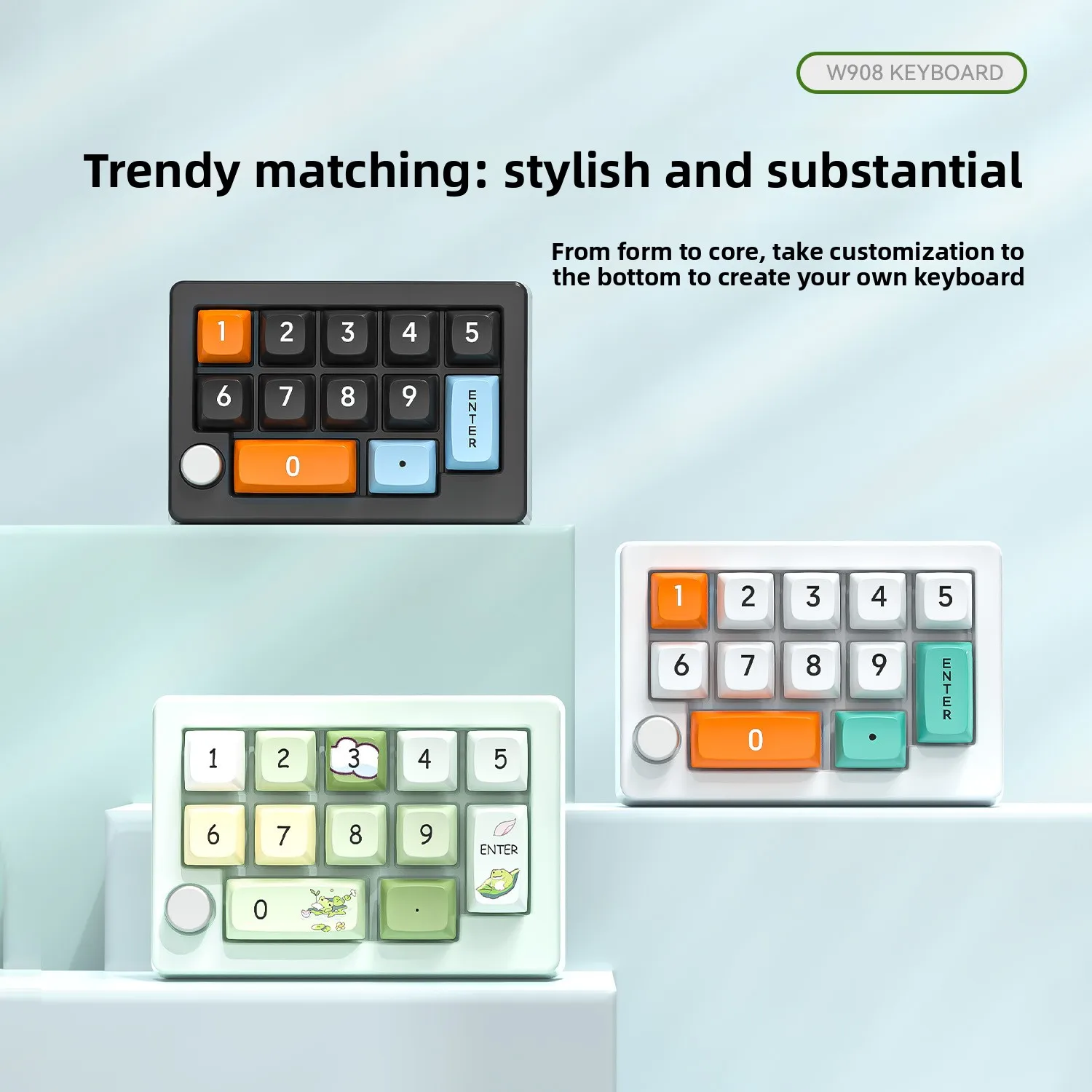 Teclado Mecánico Inalámbrico W908 con Perilla Giratoria, Intercambiable en Caliente, Macro RGB, 2.4G BT, Teclado Numérico de 12 Teclas