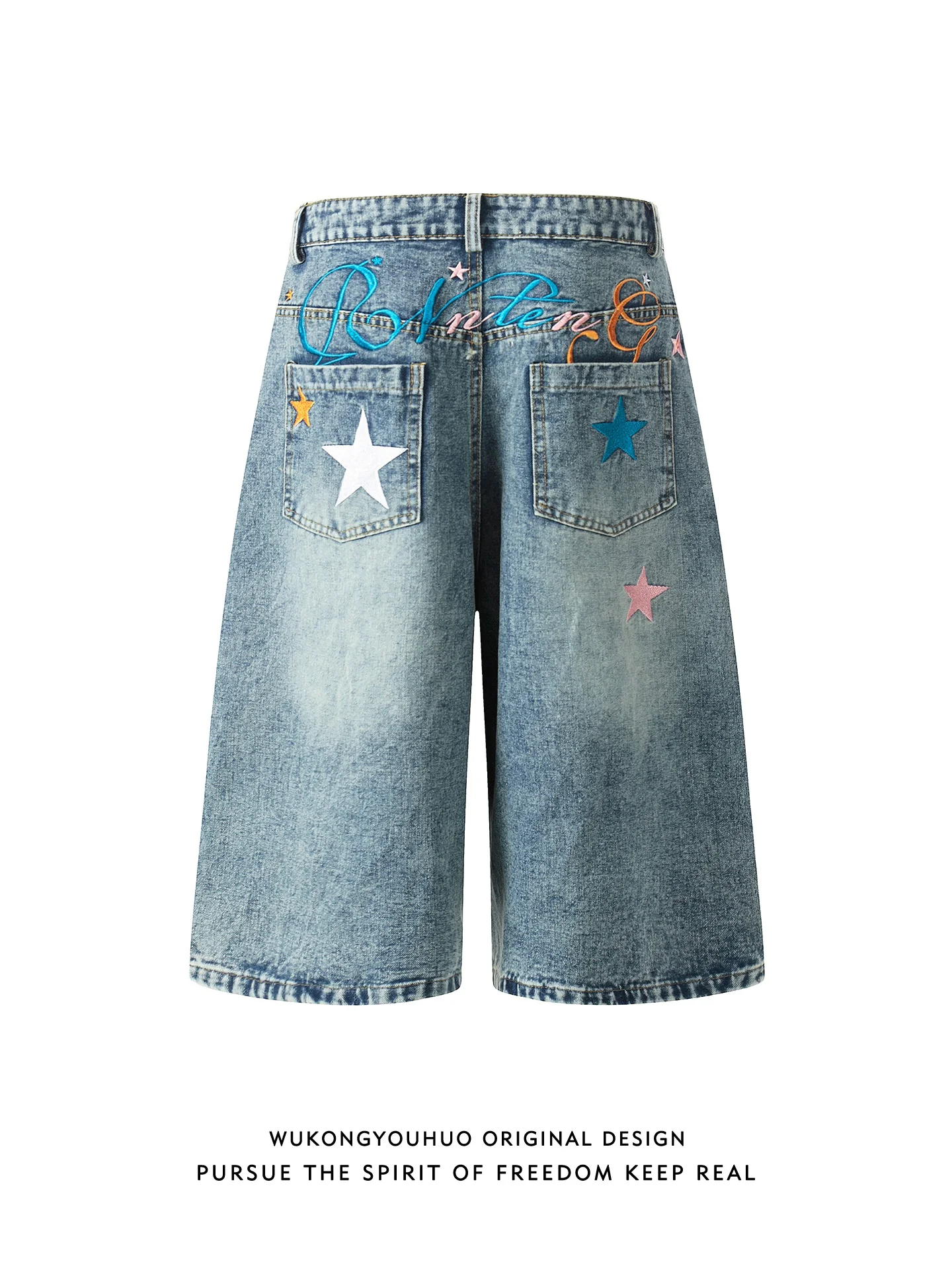 

Wukong Has Sto Trendy Brand American Letter Embroidery Waed Denim Seven-Foot Pants Men Retro Loose Match All-Way Wide Leg...