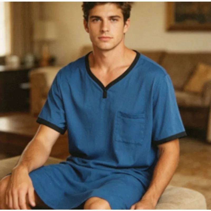 

Men's Summer Thin Long Sleep Shirt Short Sleeve Button Down Loose Fit for Home Lounge and Daily Wear