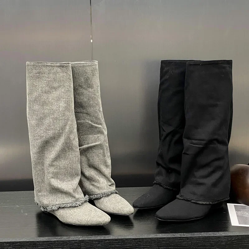 

Зимние женские сапоги до колена с острым носком в уличном стиле, дизайнерские длинные ботильоны на танкетке, женская обувь, Zapatos Mujer