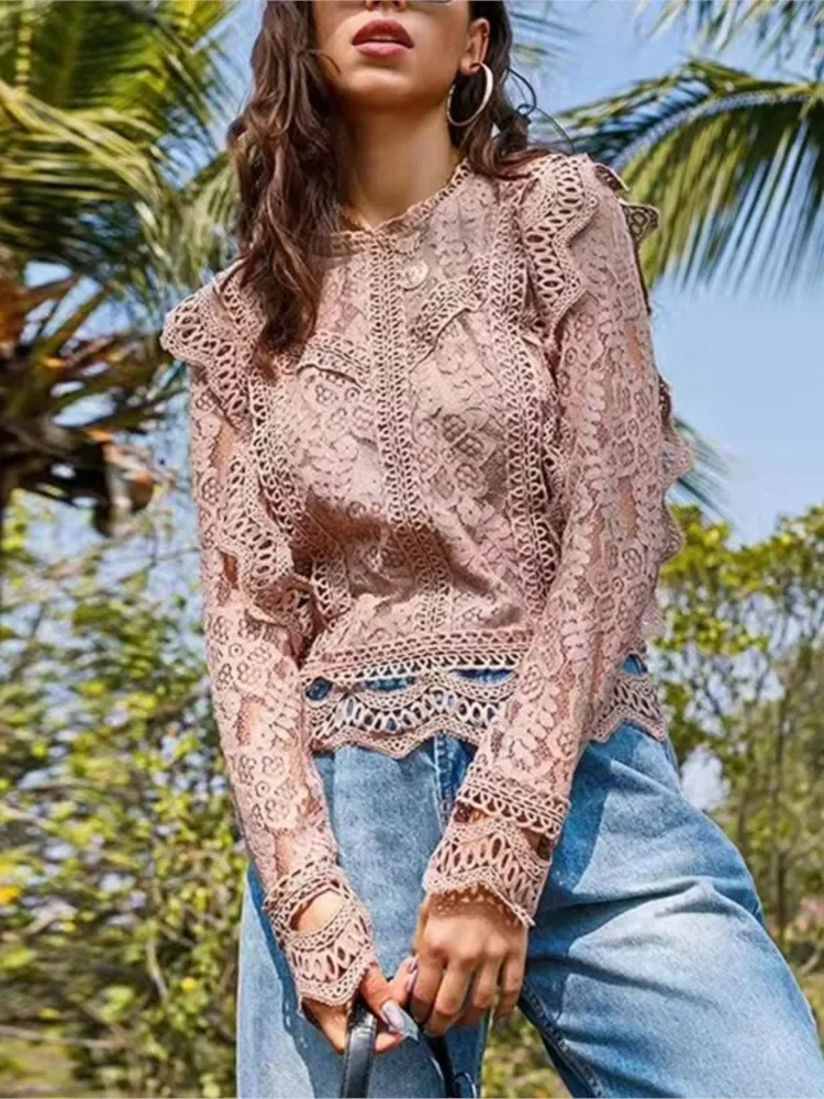 Camisa ahuecada de encaje para mujer, blusa Sexy con cuello redondo, color liso, a la moda, para oficina, primavera y otoño, 2024