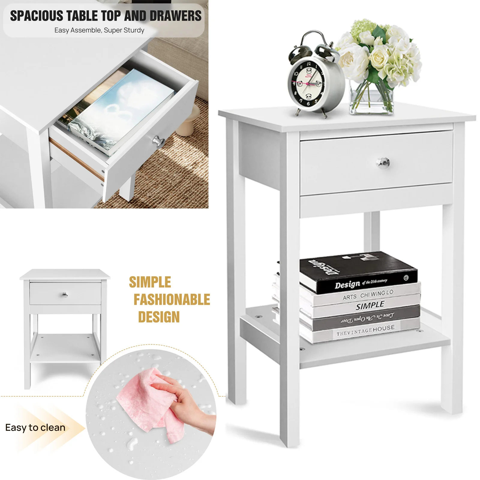 White Bedside Table Wooden Side Table Cabinet Storage Unit Shelf, Side End Stand Bedroom Bedside Table Furniture W/ Drawer