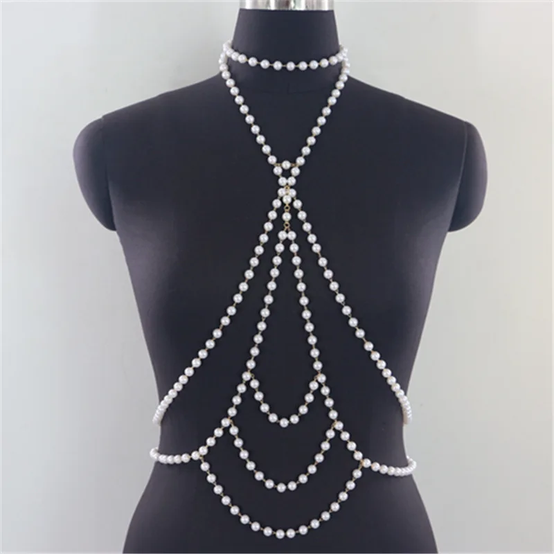 

Fashionable Multi-Layer Wave Tassel Necklace Pearl Chain Top Body Chain European And American Style Elegant Drapey Choker