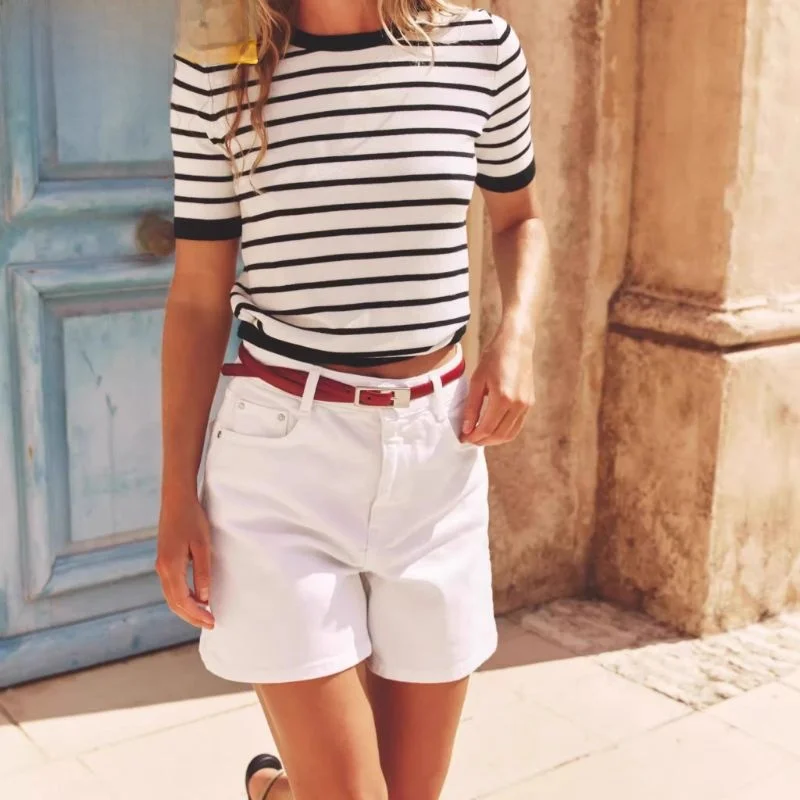 

Summer 2025 Women's Basic ort Sve Knitted Pullover Top Soft Casual Sle round Ne Stripe Pattern Breathable Skin-Friendly