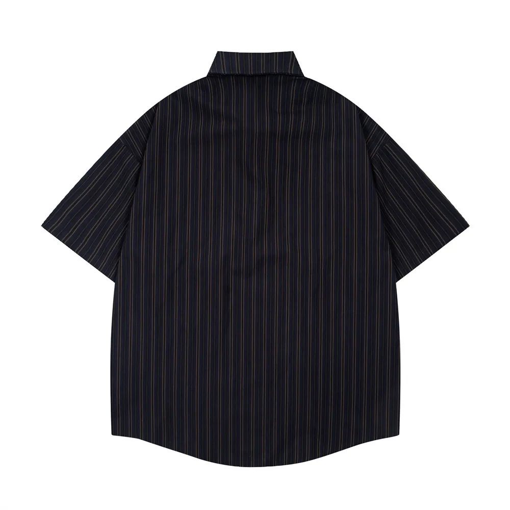Men Cartoon Embroidery Striped Shirt Loose Hip Hop Streetwear 2026 Summer Casual Short Sleeve Top Shirts