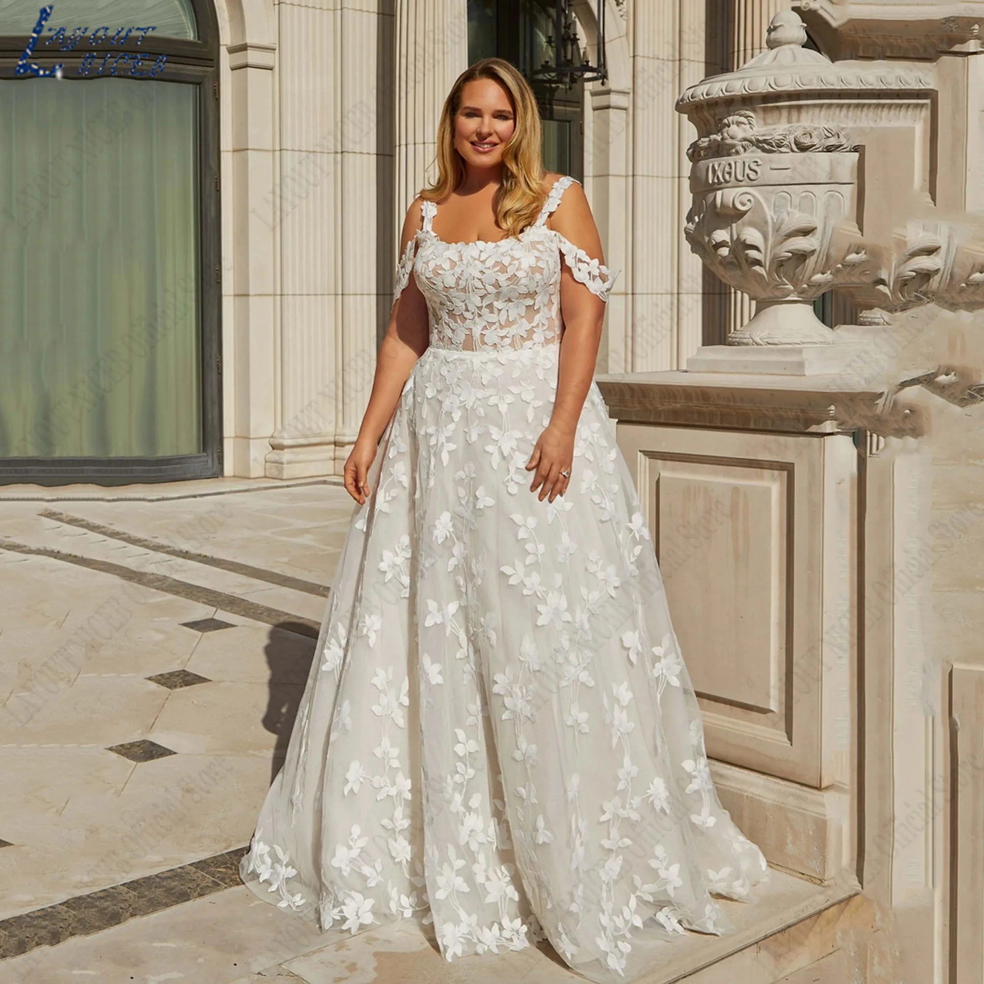 

LAYOUT NICEB Plus Size Wedding Dress A-Line Tulle Square Neck Luxury Bride Gowns Off Shoulder Appliques vestidos de novias boda