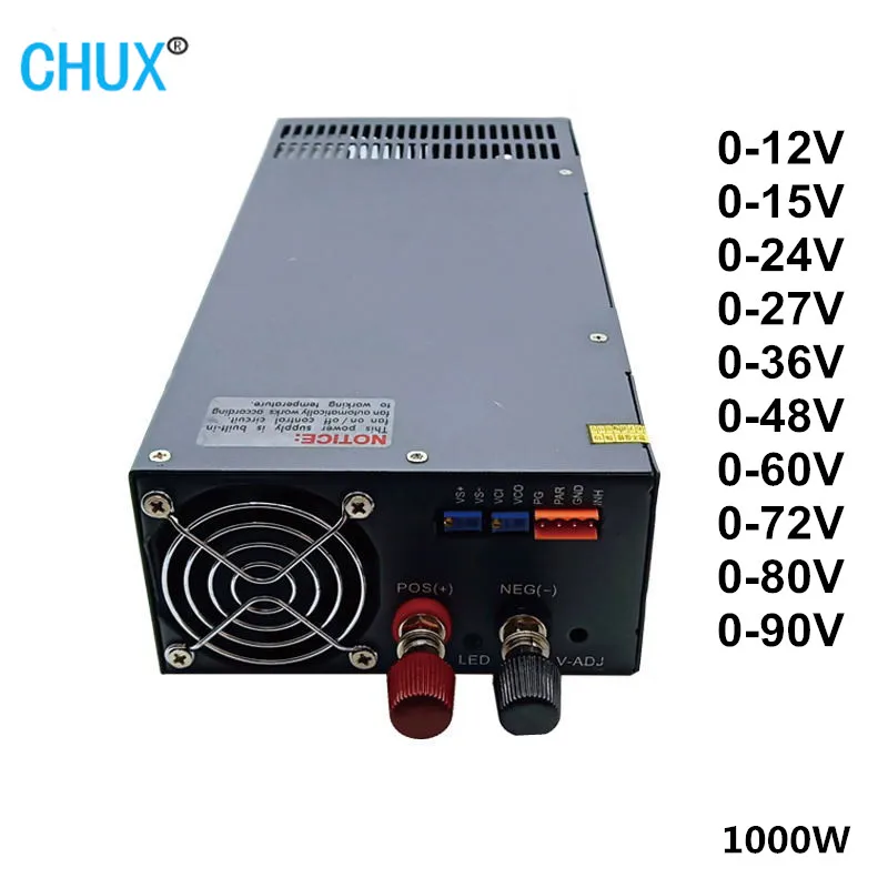 

CHUX Adjustable Switching Power Supply 1000W 12V 15V 24V 27V 36V 48V 60V 72V 80V 90V 110V 220V AC to DC LED Power Supply