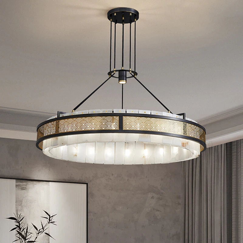 Postmodern Minimalist Villa Living Room Brass Marble Chandelier Nordic Hotel Lobby Bedroom Led Circle Alabaster Pendant Light