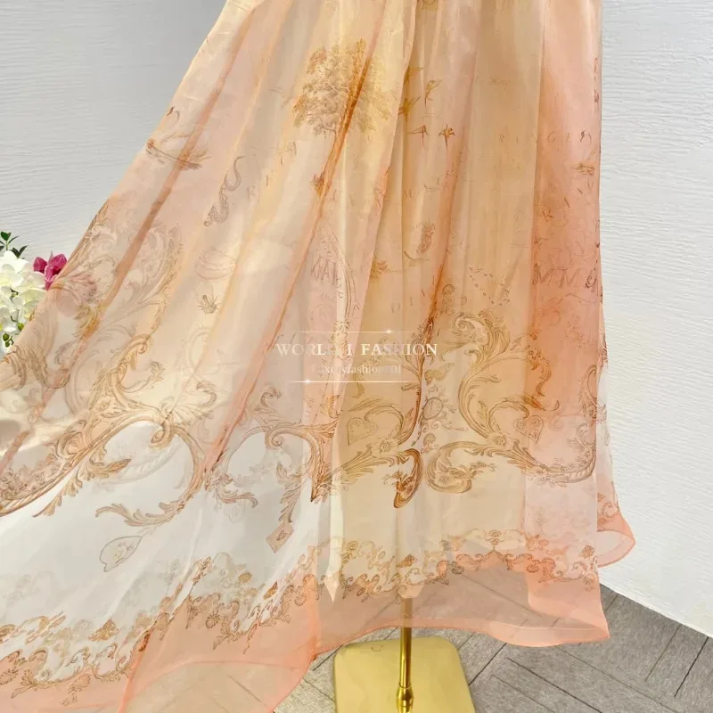 Hochwertiger Midirock aus Seide 2025, orangefarbener Kartendruck für Damen