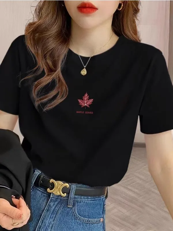 High-End-Baumwoll-Damen-T-Shirt mit Oulder-Breite, regulär, ort Sve, Sommer, dünn, schlicht, Sle-Druck, Pendeln, lockere Passform