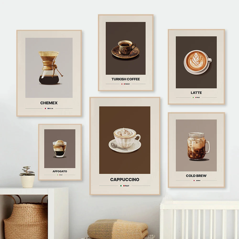 Minimalist Coffee Latte Cappuccino Mocha Coffee Art Retro Poster Canvas Paintings Wall Art Pictures Coffee Shop Home Decor