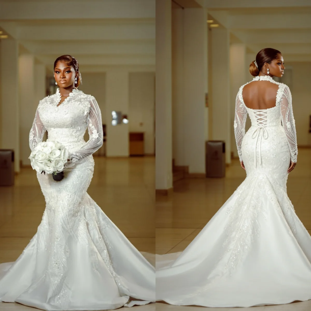 

Customized White Elegant Luxury Mermaid Wedding Dress V-Neck Long Sleeved Pearl Embroidered Sequin Backless Lace Up Skirt