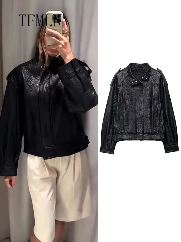 

2025 Autumn Street Faux Leather Jackets Women Fashion Solid Zippers Stand Collar Full Sleeve Loose Jacket Causal Lady Outwears