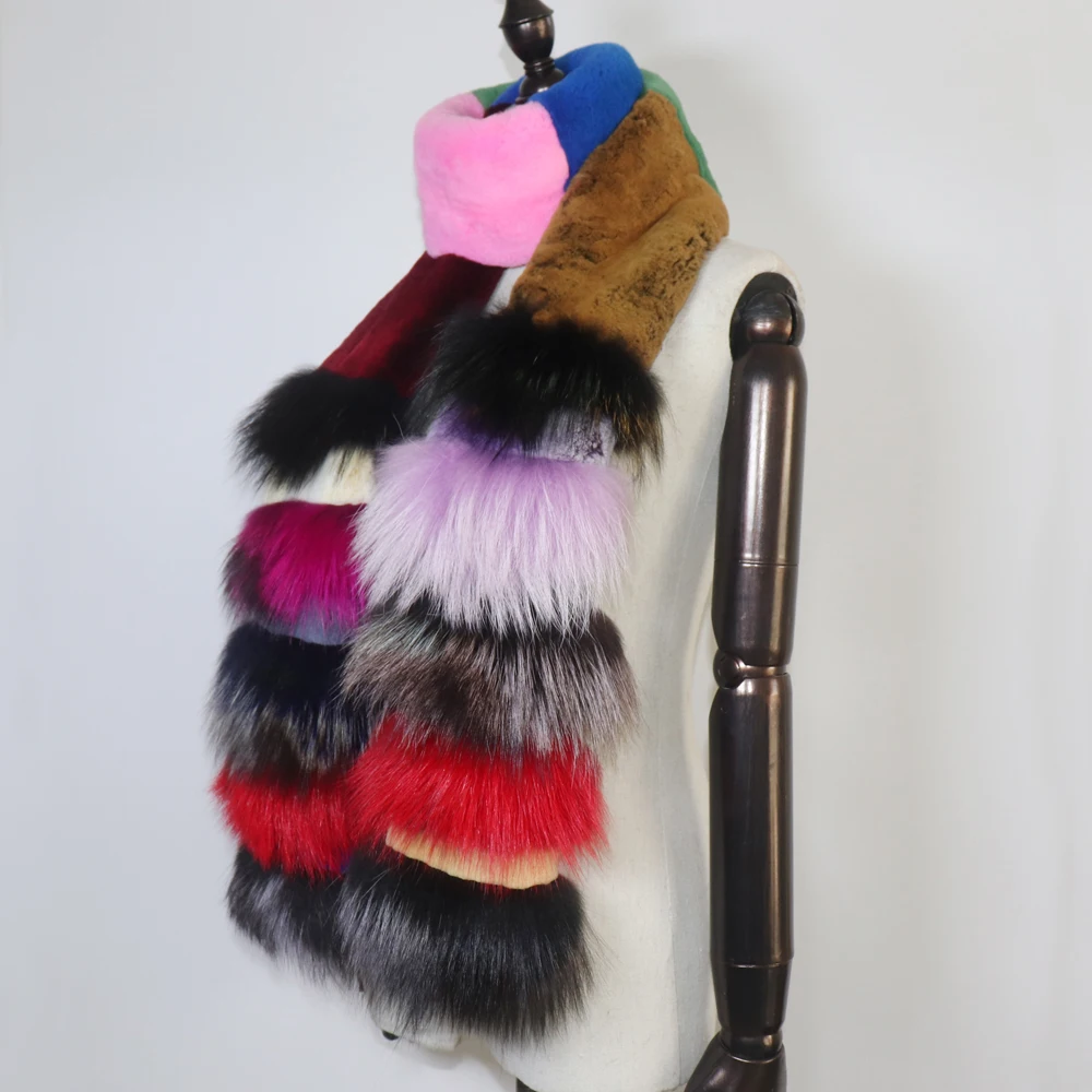 Neu eingetroffen: Modischer, farbenfroher Echtfellschal für Damen, natürlicher, warmer, langer Rex-Kaninchenfellschal, dicker Echtfuchs-Fellschal für Damen. – Detail 4
