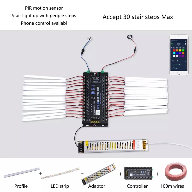 Controle do telefone LED Stair Iluminação, inteligente Staircase Step Way, automático, 350W, 30 Passos