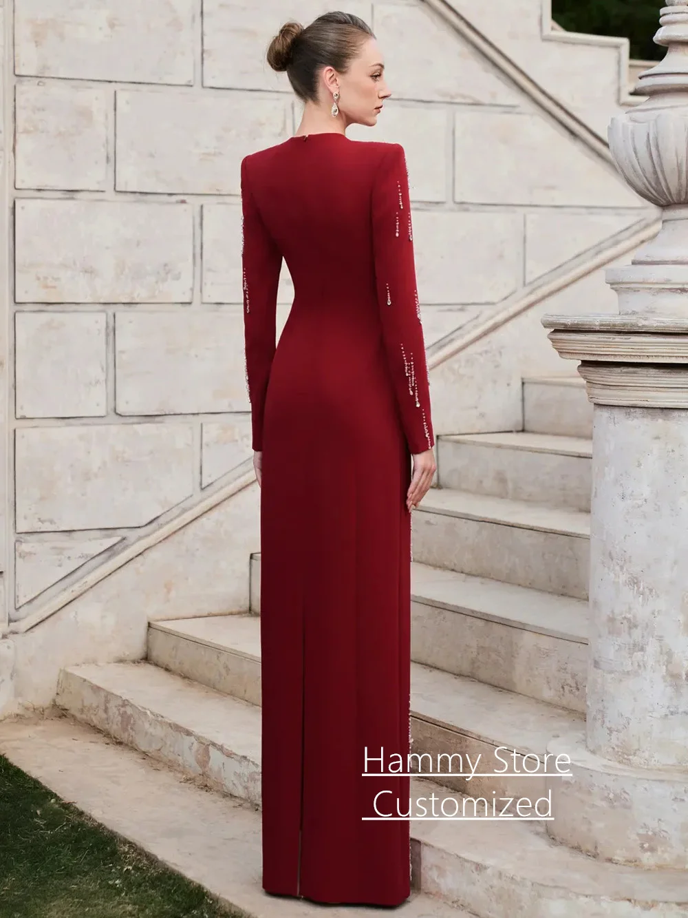 ชุดราตรีแบบเรียบง่ายสไตล์อาหรับ คอทรงกลม แขนยาว ประดับลูกปัด ผ่าหลังตรง ชุดออกงาน ชุดพรอม