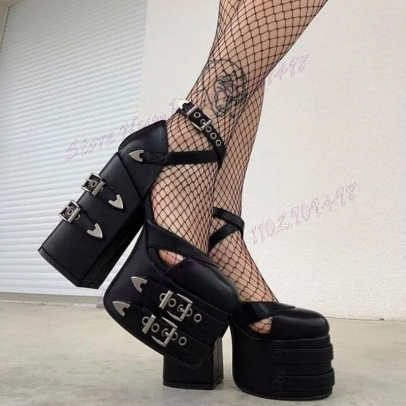 

Black Strappy Buckle Platform Pumps Round Toe Shoes for Women Chunky High Heels Punk Style Shoes 2024 Zapatos Para Mujere