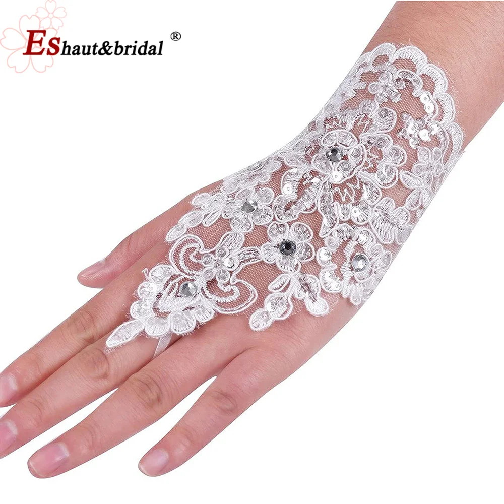 Guantes de novia de diamantes de imitación sin dedos de encaje de párrafo corto de marfil elegante de alta calidad, accesorios sexys para fiesta de boda