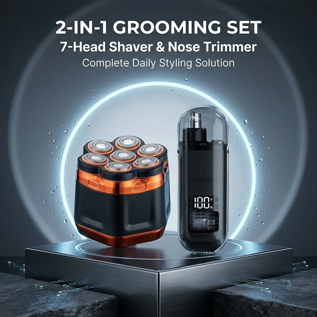 2-in-1 Electric Shaver and Nose Ear Hair Trimmer Set for Men, 7-Head Rechargeable Rotary Razor with LED Display, Portable Cordless USB Charging Grooming Kit for Daily Shaving and Travel