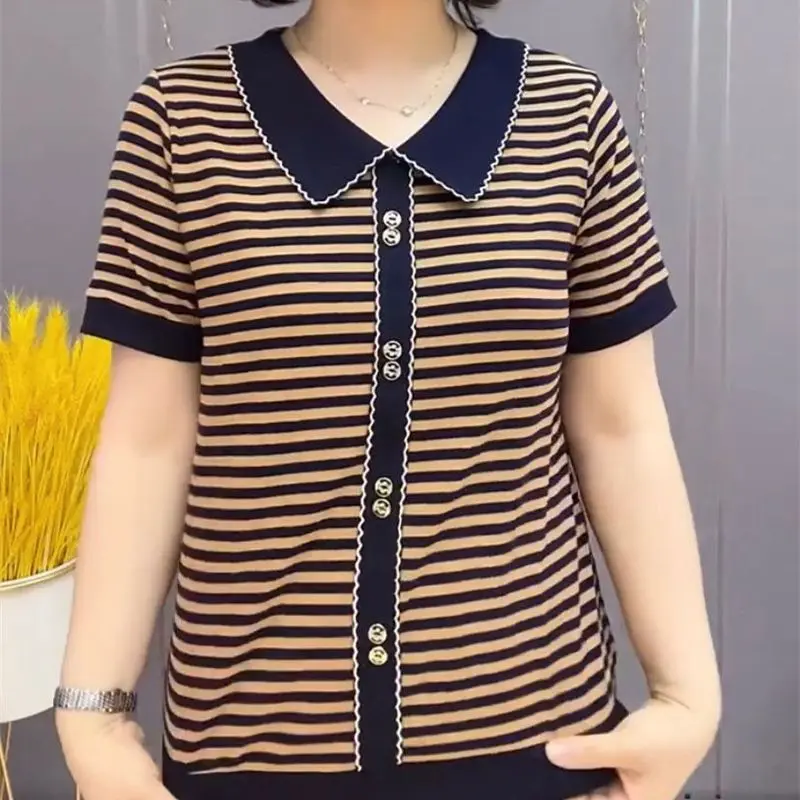 2024 New Summer Office Lady Loose Casual Elegant Fashion T-shirts for Women Striped Knitting Lapels Short Sleeve Button Y2K Tops