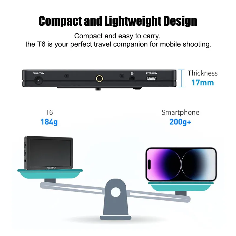 FEELWORLD T6 Monitor video da campo per telecamera HDMI da 6 pollici 4K Custodia in alluminio 1920x1080 IPS DC 8V Out Sony Canon Nikon