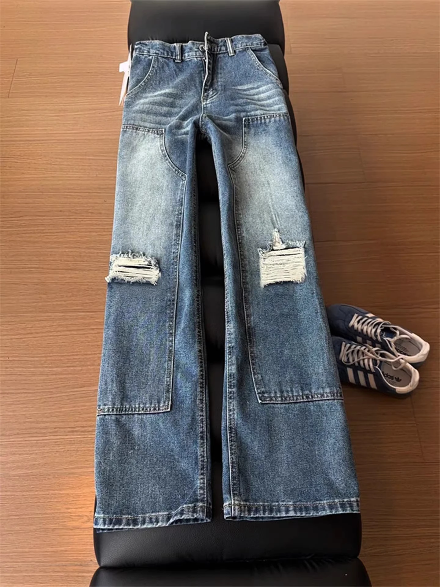 

Blue Deconstructed Fake Hole Knife Denim Jeans High Waist Waed Women's Men's Cleanfit Micro Flare Workwear Design Jeans