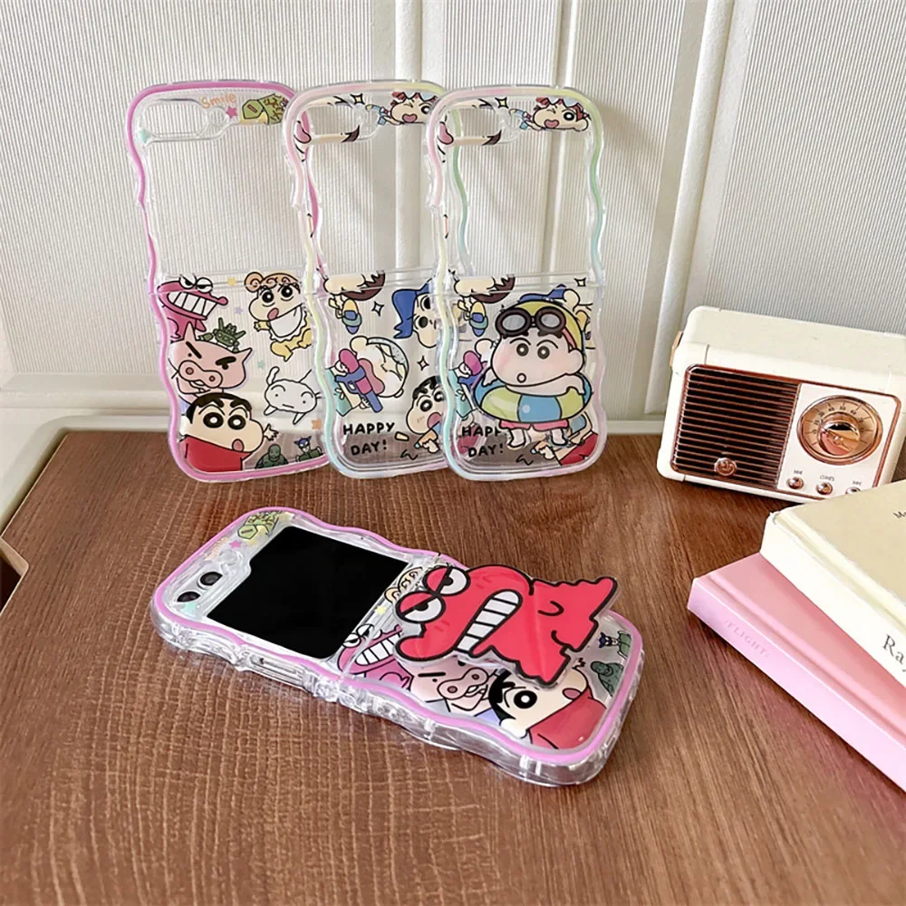 Water Fight S-Shin-chans With Bracket Phone Case for Samsung Galaxy Z Flip 3 4 5 Z Flip 6 5G PC Hard Anti-fall Back Cover Gift