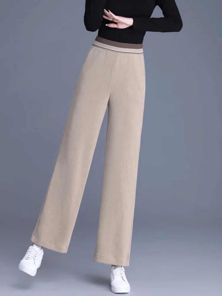 Pantalon élastique épais et chaud pour femmes, Baggy décontracté, Patchwork, mode, ample, taille haute, jambes larges, droit