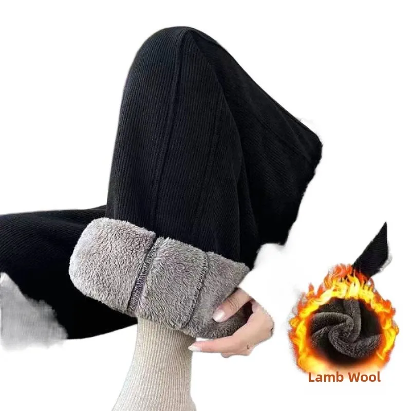 여성용 겨울 두꺼운 플리스 안감 와이드 레그 팬츠 스트레이트 컷 스네일리르 울 코튼 바지 하이 웨이스트 롱 팬츠