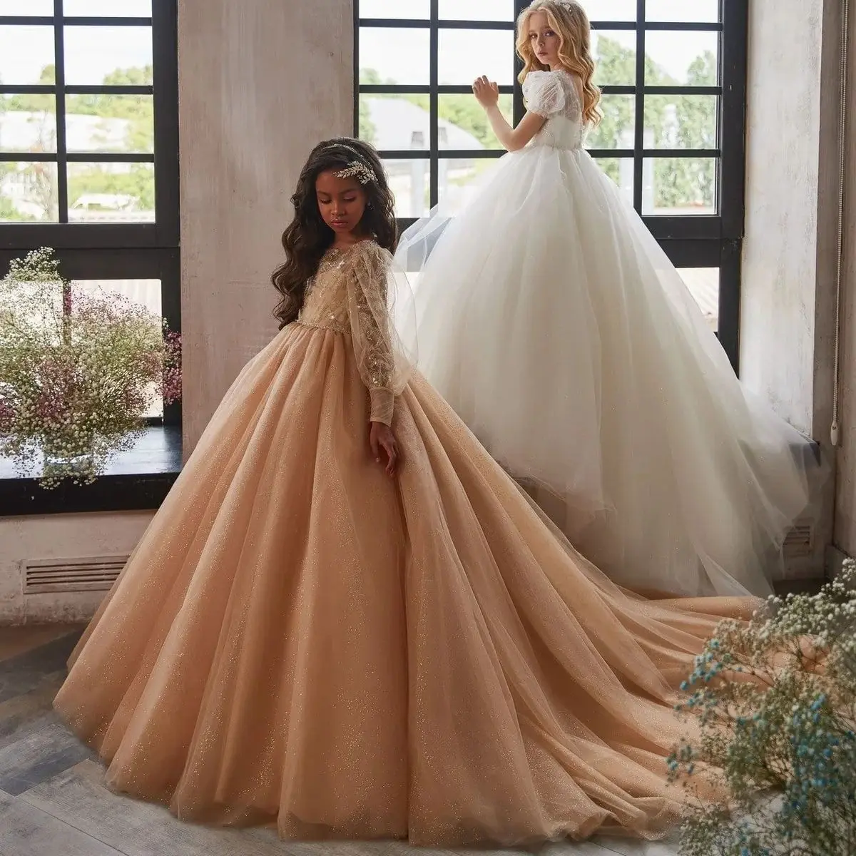 Champagne Flower Girl Dresses For Weddings Ball Gown Long Sleeves Beaded Long First Communion Dresses For Girl Little