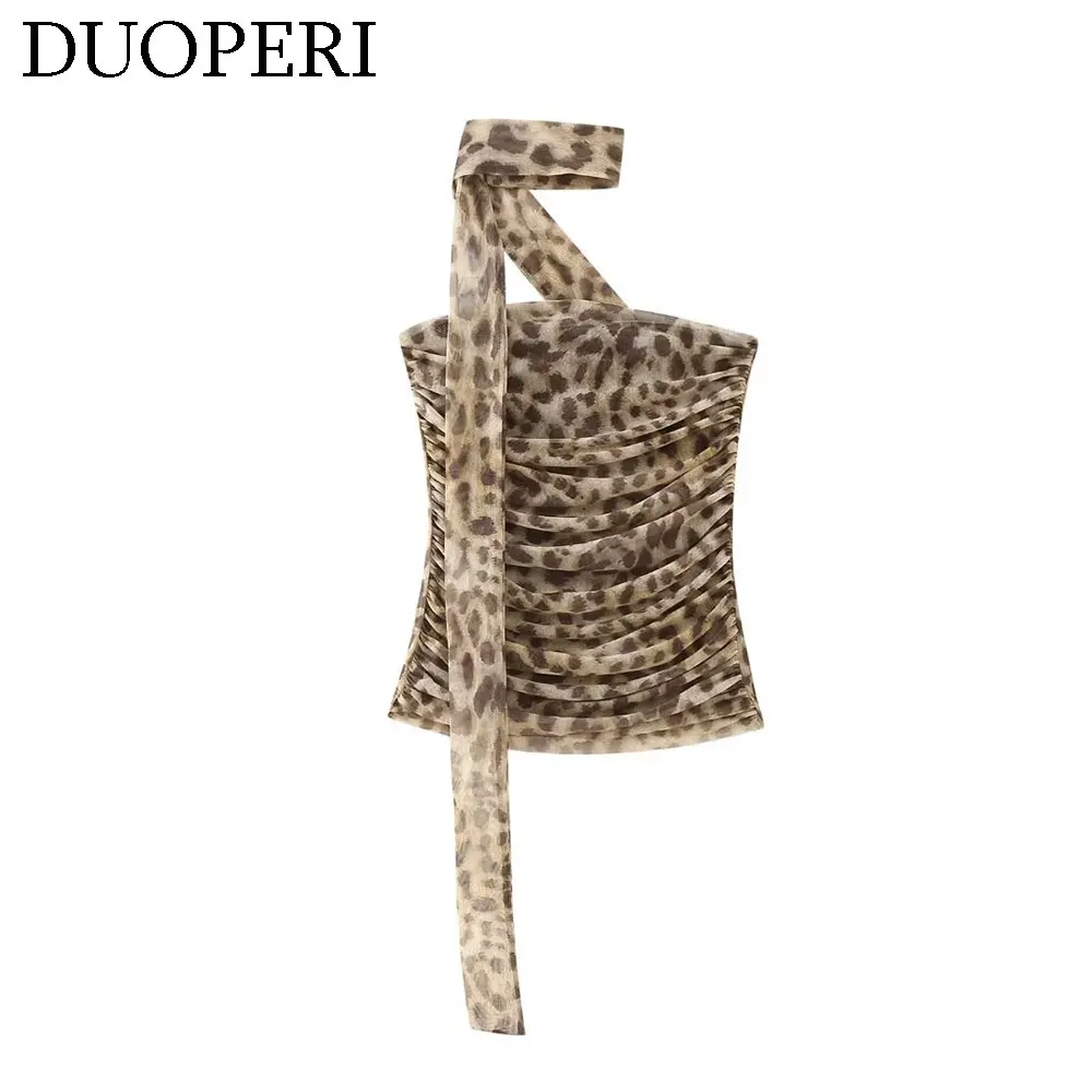 DUOPERI Women Fashion Tulle Leopard Pleated Tank Camisole t Female Chic Lady Casual Sexy Tops