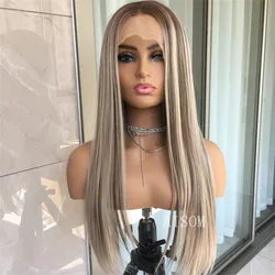 Highlight asch blonde lange gerade Spitze Front Perücke synthetische Natur haar Perücke für Frauen Spitze Frontal Faser Haar Perücke vor gezupft