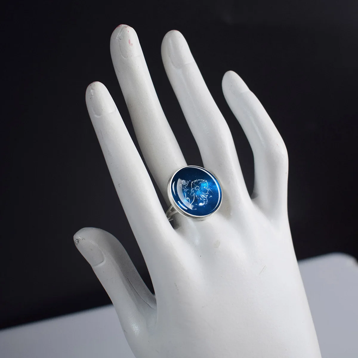 1pc Blue Background White 12 Zodiac Theme Glass Metal Ring Fashionable and Simple Glass Adhesive Adjustable Size Ring Da