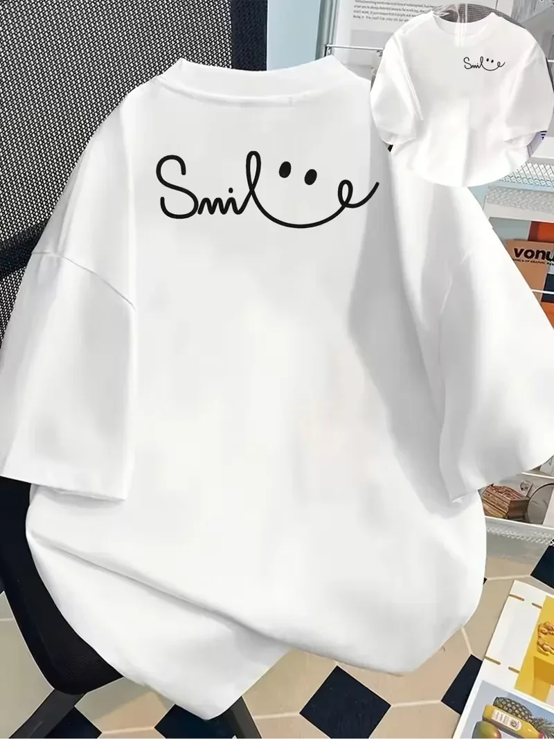 2026 Colorful Smile Smiley Face Graphic T-Shirt, Casual Crew Neck Short Sleeve Top,Front & Back Print Happy Positive Slogan Tee