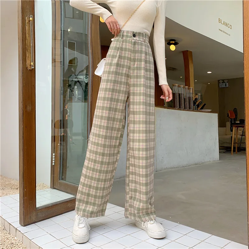 Simple Vintage Plaid Causal Long Women Pants Street Fashion Straight Wide Leg Pant