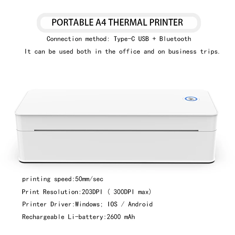 A portable A4 thermal printer that supports multi-system office use on Windows, iOS and Android.